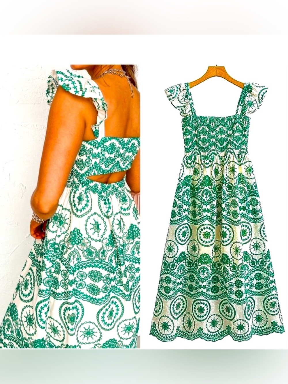 Sundayup Women’s Green Print Midi Dress with Smocked Bodice